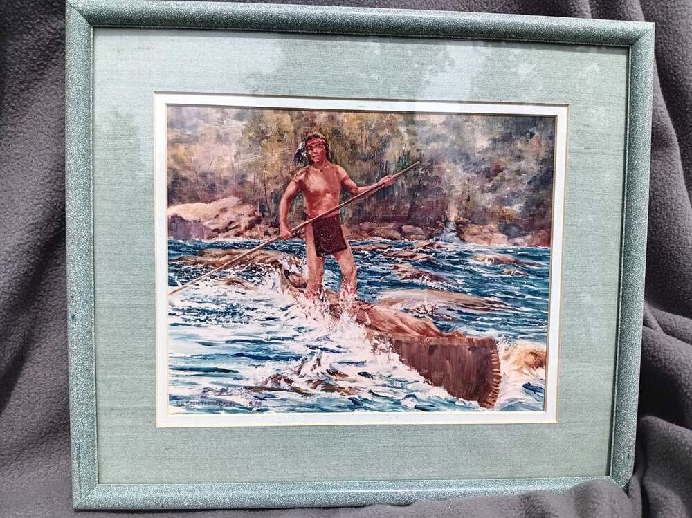 Original 1989 “Deerslayer” Painting R.L. Christopher Native American Canoe Rapid